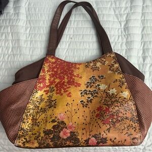 ICON LA genuine leather shoulder bag vintage Japanese Screen Floral Print